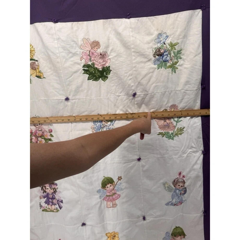 Vintage Handmade Fairy Quilt Embroidered Flower Baby Blanket Purple Cottagecore